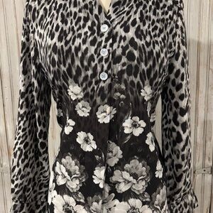 Allison Daley Black and White Leopard Floral Blouse